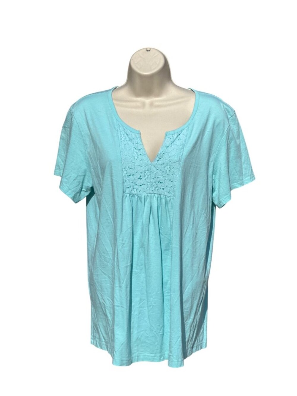 Riders by Lee Aqua Lace Inset Split Neck Short Sleeve Gathered Front Casual Boho